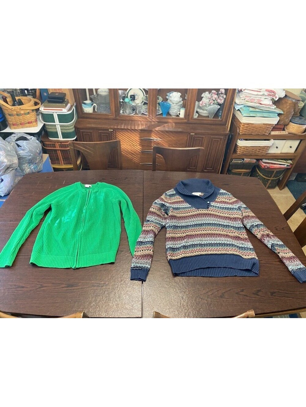 2 Vintage Liz Claiborne Sweaters Pullover Solid Green Stripe Large XL - Picture 1 of 16